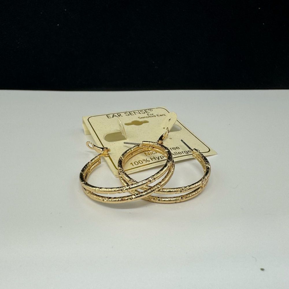 Ear Sense Gold Tone Textured Hoop Earrings 1 1/2 inch